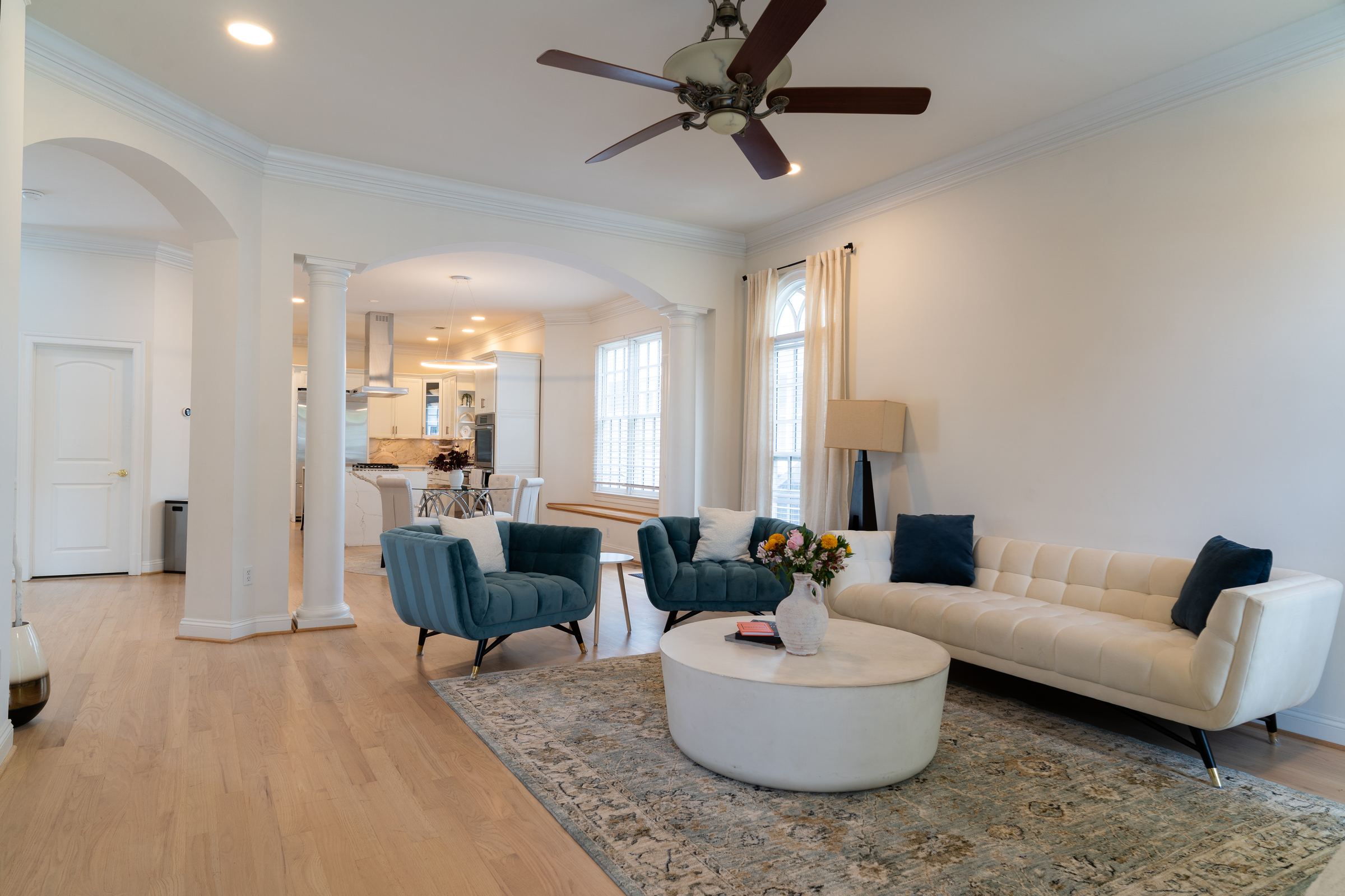 Open plan living and dining space in a completed Northern Virginia home